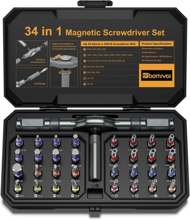 Bomivoi 34 in 1 Magnetic Screwdriver Set, DIY Ratchet Screwdriver Set, Multi Bit Magnetic Drive Sets with Ratcheting Handle, Handy Repair Tool Kit for Electronics, Bike, Furniture, DIY, Computer - Image 1